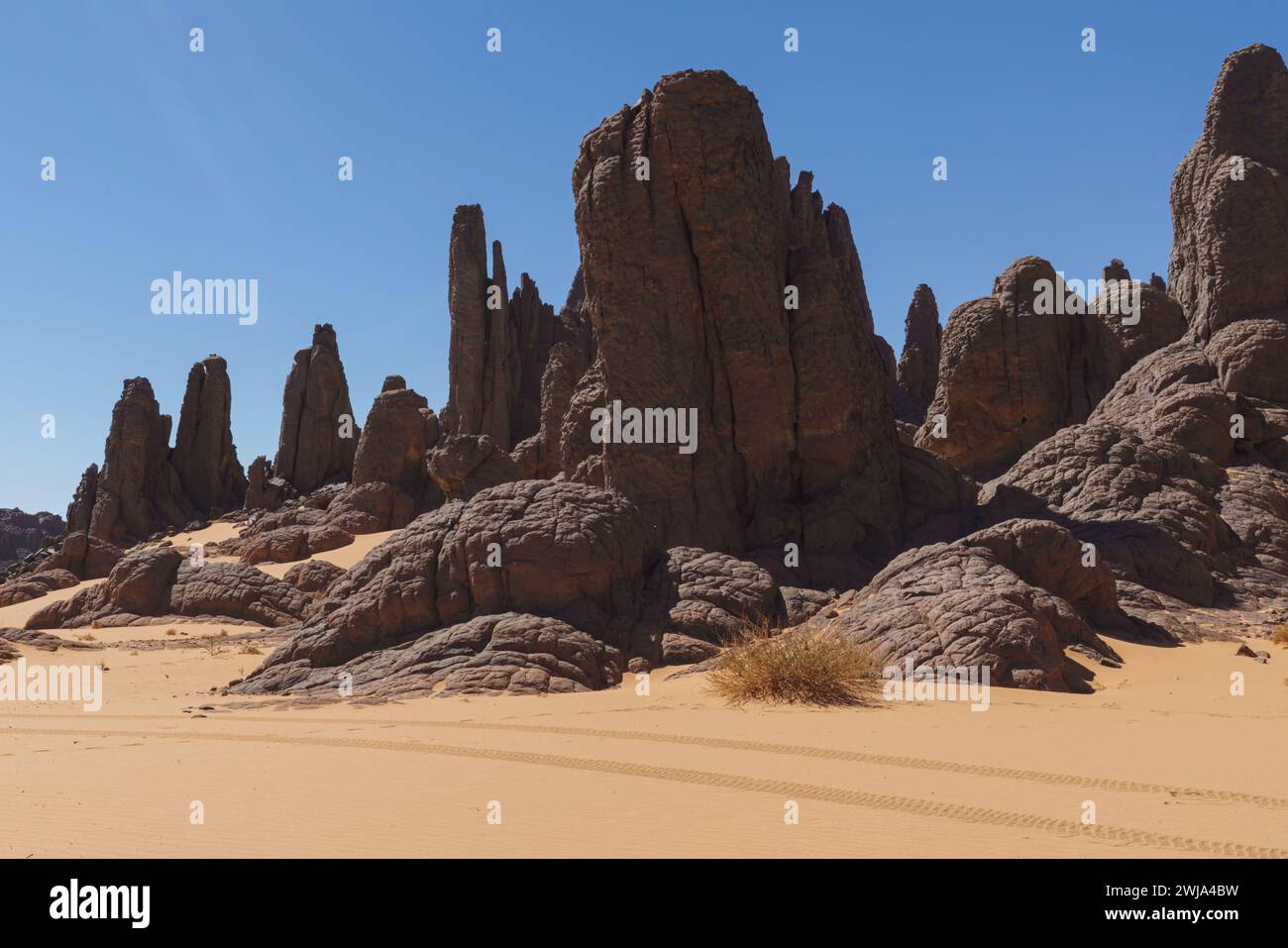 D'imposants pinacles rocheux s'élèvent des sables dorés dans le paysage sombre de Tassili N'Ajjer, mettant en valeur la beauté de la géologie du désert Banque D'Images