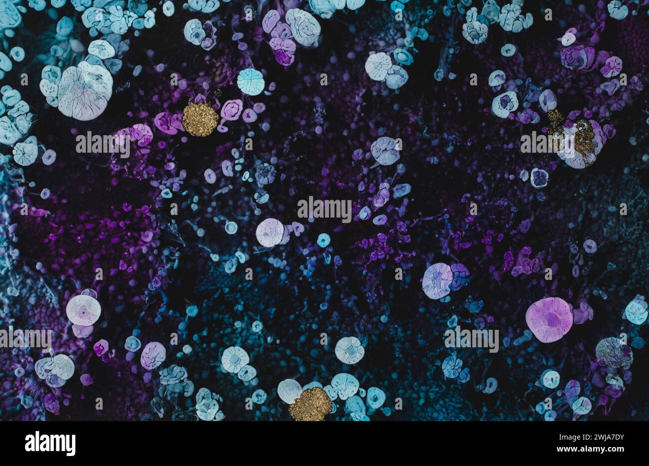 Une vue aérienne abstraite d'une surface colorée avec des éléments texturés et circulaires dispersés, créant une mosaïque de teintes Banque D'Images