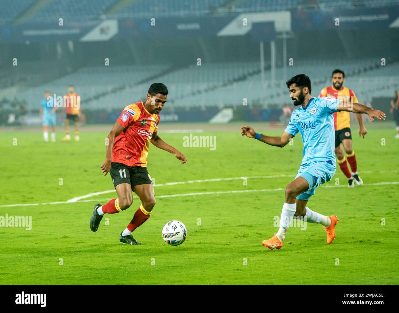 Kolkata, Bengale occidental, Inde. 13 février 2024. Le Mumbai City FC a battu l'East Bengale FC par 1-0 au Salt Lake Stadium en Indian Super League 2023-24 au Salt Lake Stadium. Iker Guarrotxena (23') a marqué le seul but du match. (Crédit image : © Amlan Biswas/Pacific Press via ZUMA Press Wire) USAGE ÉDITORIAL SEULEMENT! Non destiné à UN USAGE commercial ! Banque D'Images