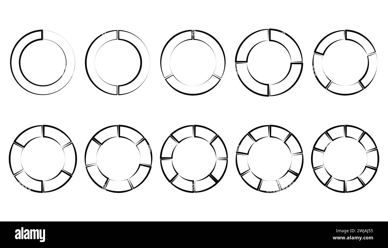 Ensemble de différents cercles de couleur diagrammes circulaires diagrammes. Divers secteurs divisent le cercle en parties égales. Illustration de Vecteur