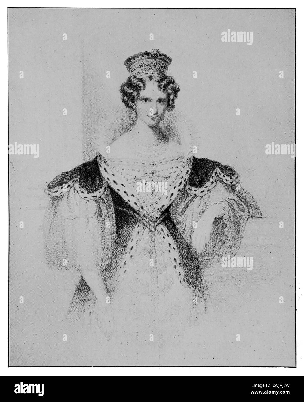 Adélaïde de Saxe-Meiningen (Adélaïde Amelia Louise Theresa Caroline ; 13 août 1792 au 2 décembre 1849) dans ses robes de couronnement. Elle est reine du Royaume-Uni de Grande-Bretagne et d'Irlande et reine de Hanovre du 26 juin 1830 au 20 juin 1837 en tant qu'épouse du roi Guillaume IV. Gravure sur acier par Edward Francis Finden. Illustration en noir et blanc du Connoisseur, un magazine illustré pour collectionneurs Voll 3 (mai-août 1902) publié à Londres. Banque D'Images