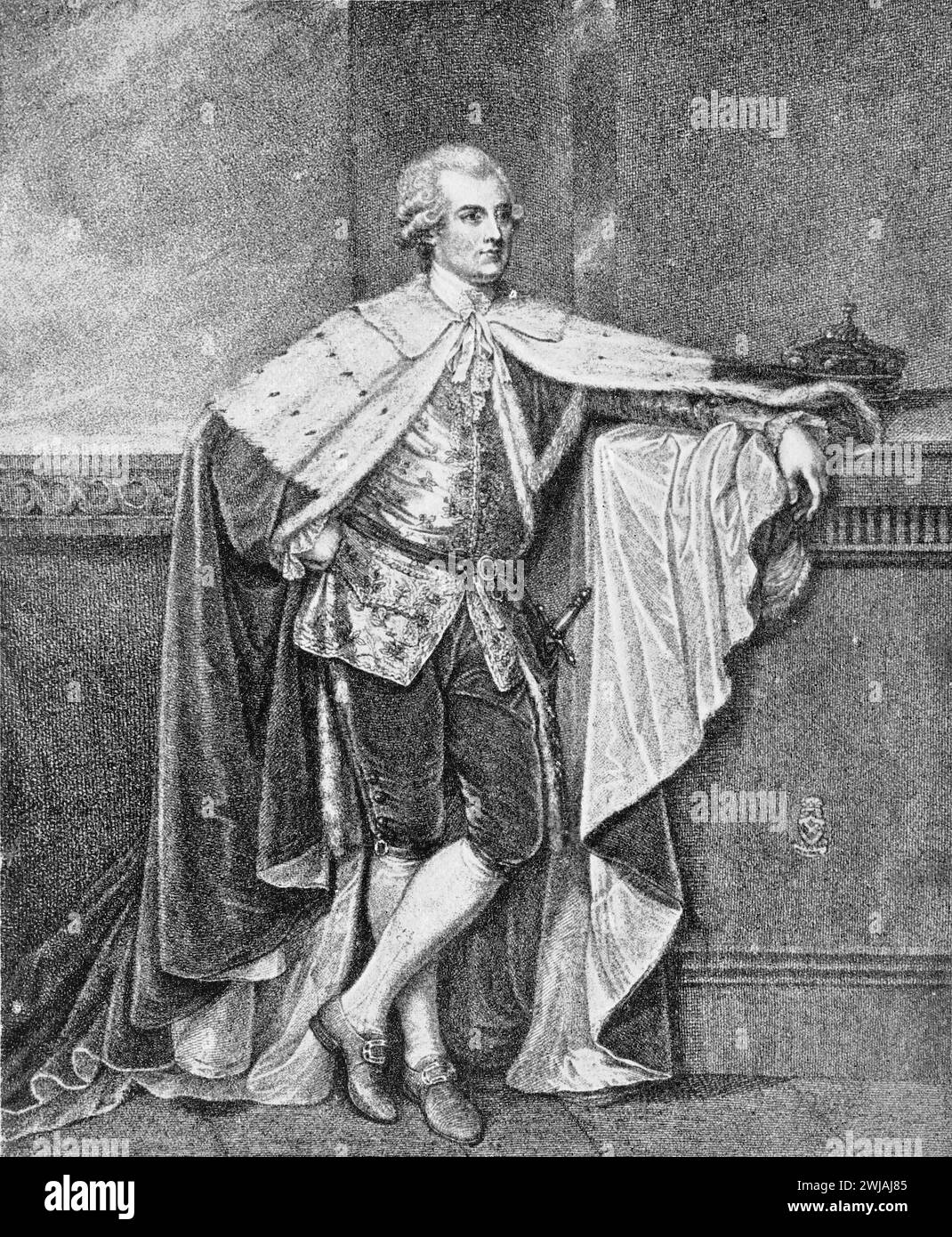 Portrait de John Stuart, premier marquis de Bute d'après un tableau de George Romney. Illustration en noir et blanc du Connoisseur, un magazine illustré pour collectionneurs Voll 3 (mai-août 1902) publié à Londres. Banque D'Images