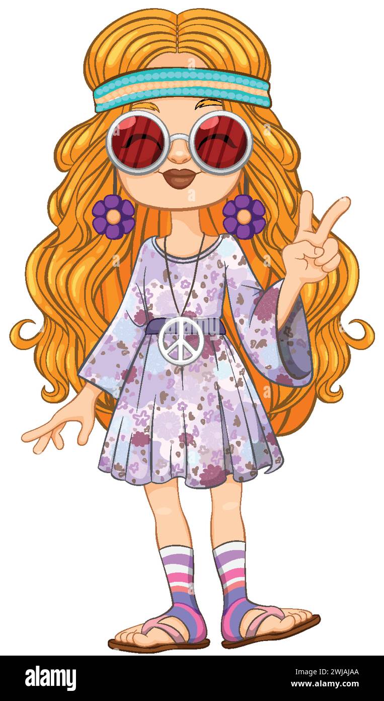 Dessin animé d'une fille habillée en tenue hippie colorée. Illustration de Vecteur