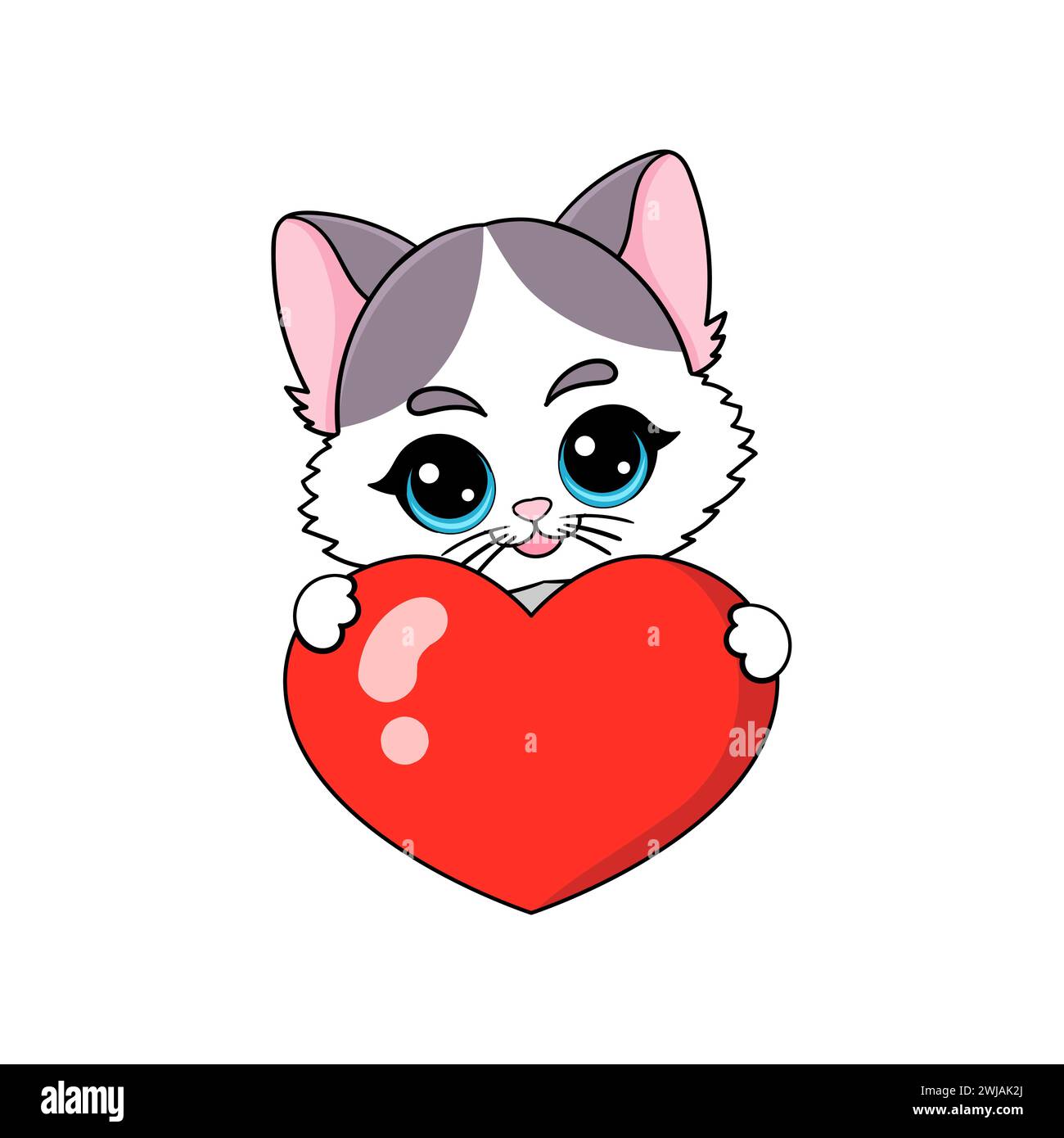 Mignon chaton tient un cœur rouge dans ses pattes. Image isolée sur fond blanc. Pour la conception de cartes de Saint-Valentin, impressions, affiches, autocollants, cartes Illustration de Vecteur