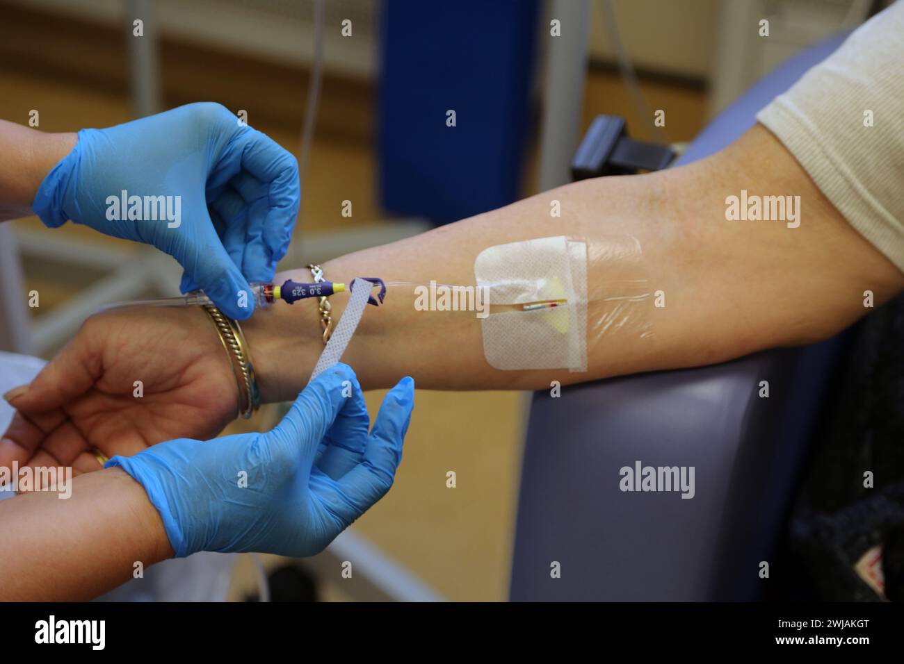 Infirmière insertion d'une canule dans le patient prêt à administrer Ferinject perfusion de fer par voie intraveineuse à l'hôpital Surrey Angleterre Banque D'Images