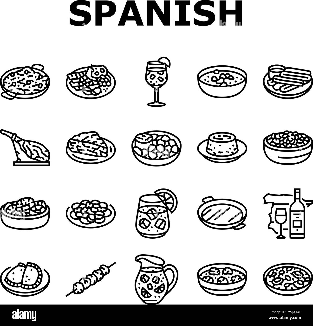 vecteur de jeu d'icônes de tapas de nourriture espagnole de cuisine paella Illustration de Vecteur