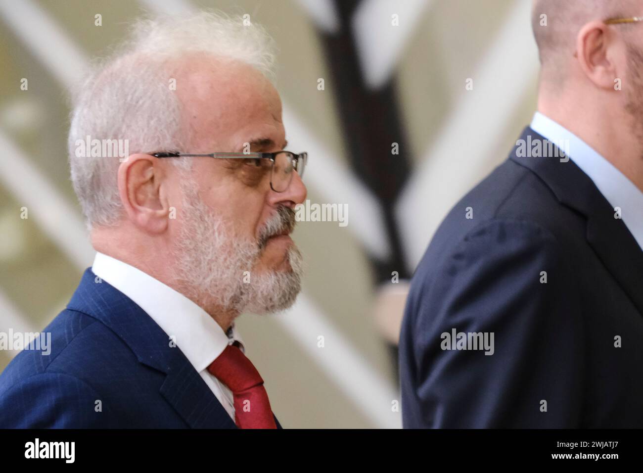 Bruxelles, Belgique. 14 février 2024. Le président du Conseil de l'UE, Charles Michel, rencontre Talat Xhaferi, premier ministre de la Macédoine du Nord, à Bruxelles, en Belgique, le 14 février 2024. Crédit : ALEXANDROS MICHAILIDIS/Alamy Live News Banque D'Images