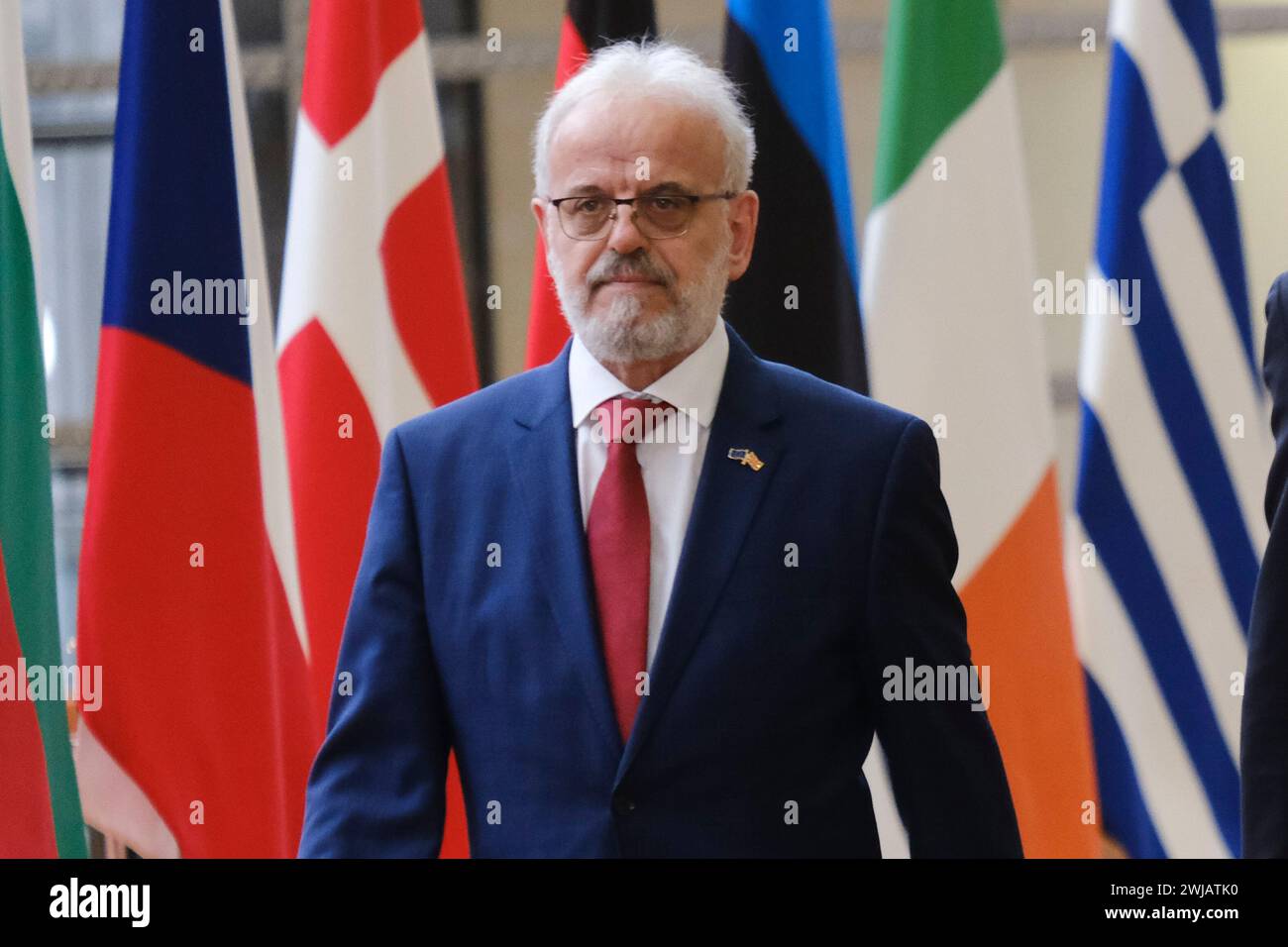 Bruxelles, Belgique. 14 février 2024. Le président du Conseil de l'UE, Charles Michel, rencontre Talat Xhaferi, premier ministre de la Macédoine du Nord, à Bruxelles, en Belgique, le 14 février 2024. Crédit : ALEXANDROS MICHAILIDIS/Alamy Live News Banque D'Images