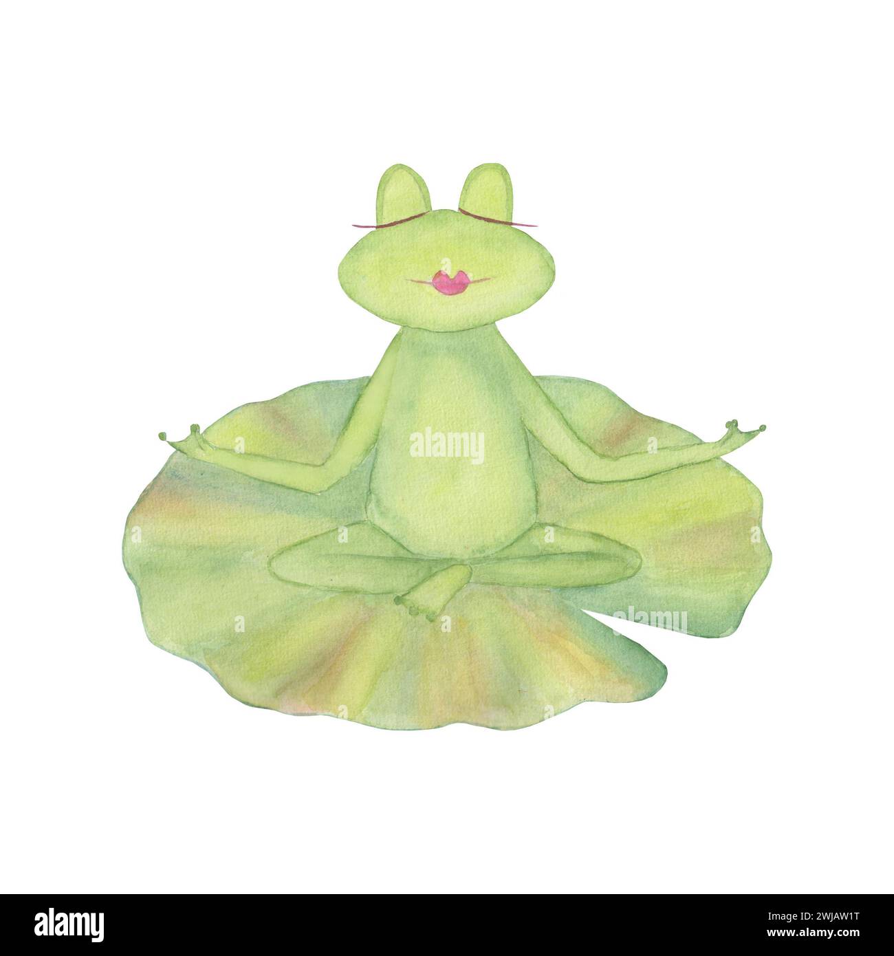 Méditation yoga de grenouille sur une feuille de nénuphar vert isolé sur fond blanc. Grenouille médite. Aquarelle illustration dessinée à la main. Imprimé aquarelle Banque D'Images