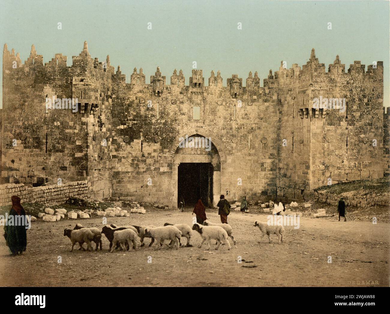 Photo vintage de Jérusalem, 'la porte de Damas, Jérusalem, Terre Sainte' Photochrom Print, vers 1890s Banque D'Images