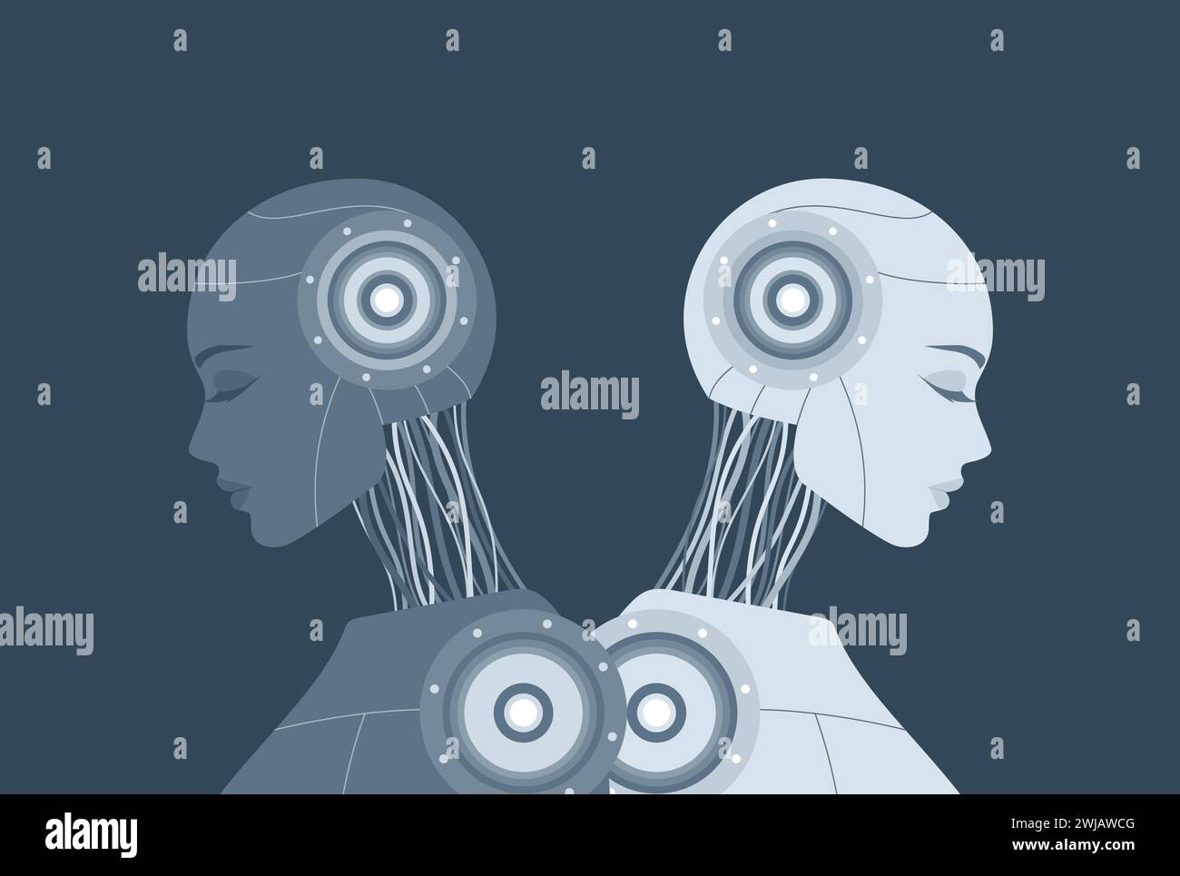 Deux robots féminins humanoïdes debout dos à dos sur fond sombre. Illustration vectorielle plate Illustration de Vecteur