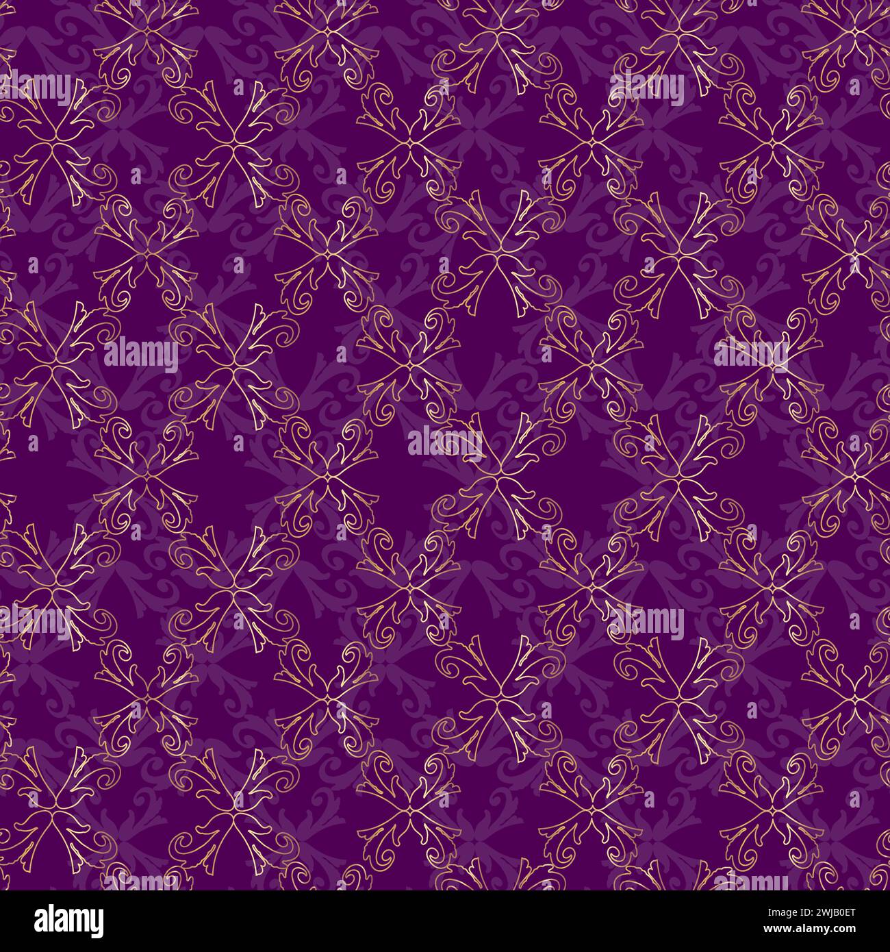 Ornement baroque vintage damassé de vecteur. Style antique de motif rétro. Motif violet et doré de luxe sans couture. Papier peint royal. Fond gothique Illustration de Vecteur