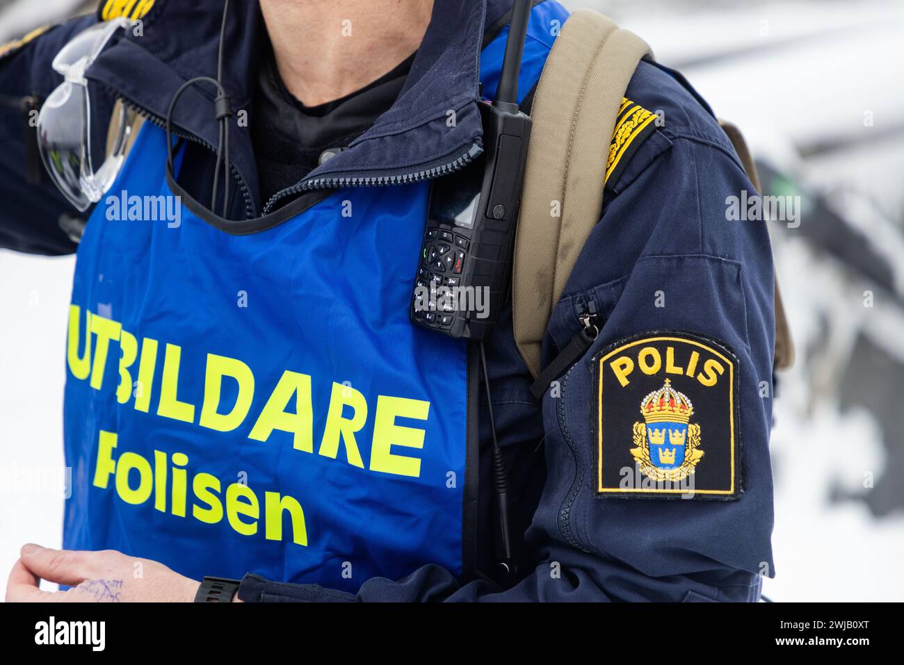 La police suédoise, un policier suédois, un formateur de police pendant un exercice de police. Banque D'Images