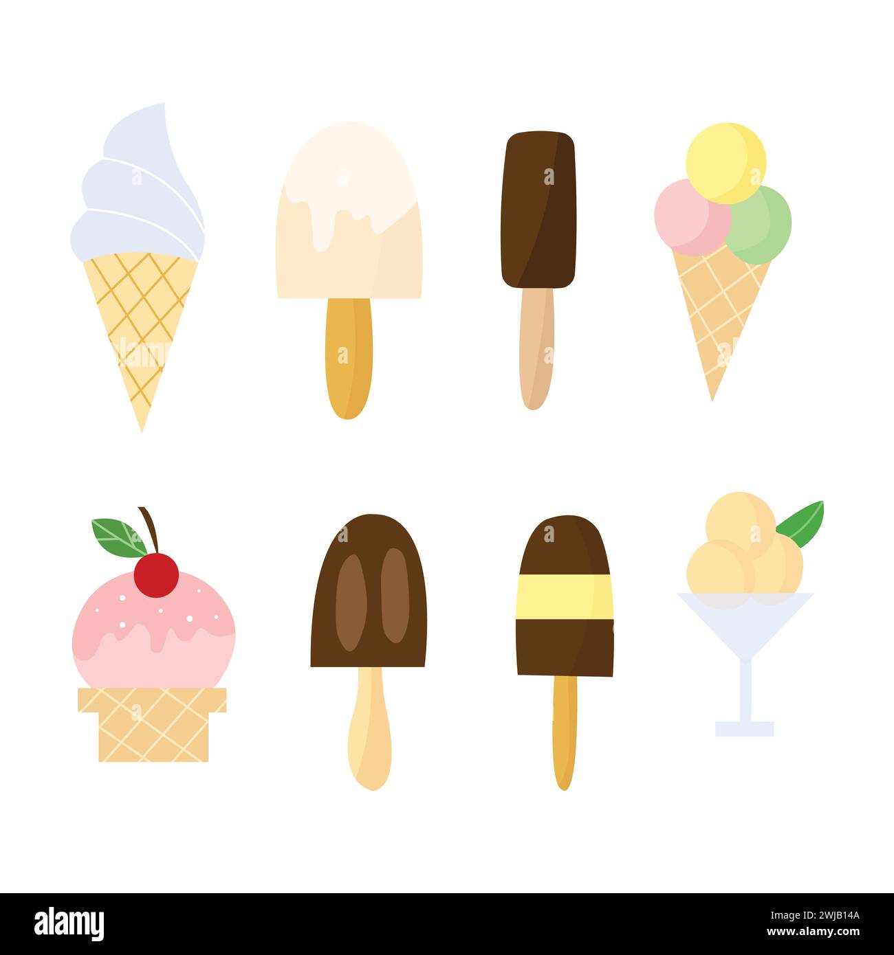 Ensemble d'illustrations de crème glacée de dessin animé avec différentes garnitures. Autocollants pour boutique de bonbons ou café. Illustration de Vecteur
