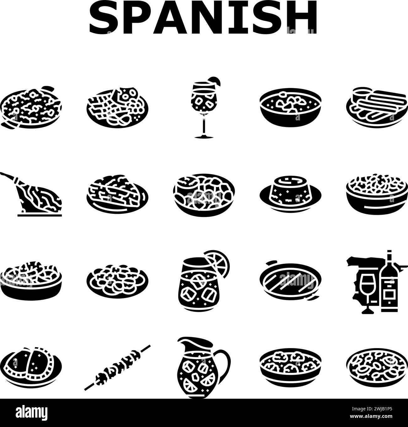 vecteur de jeu d'icônes de tapas de nourriture espagnole de cuisine paella Illustration de Vecteur