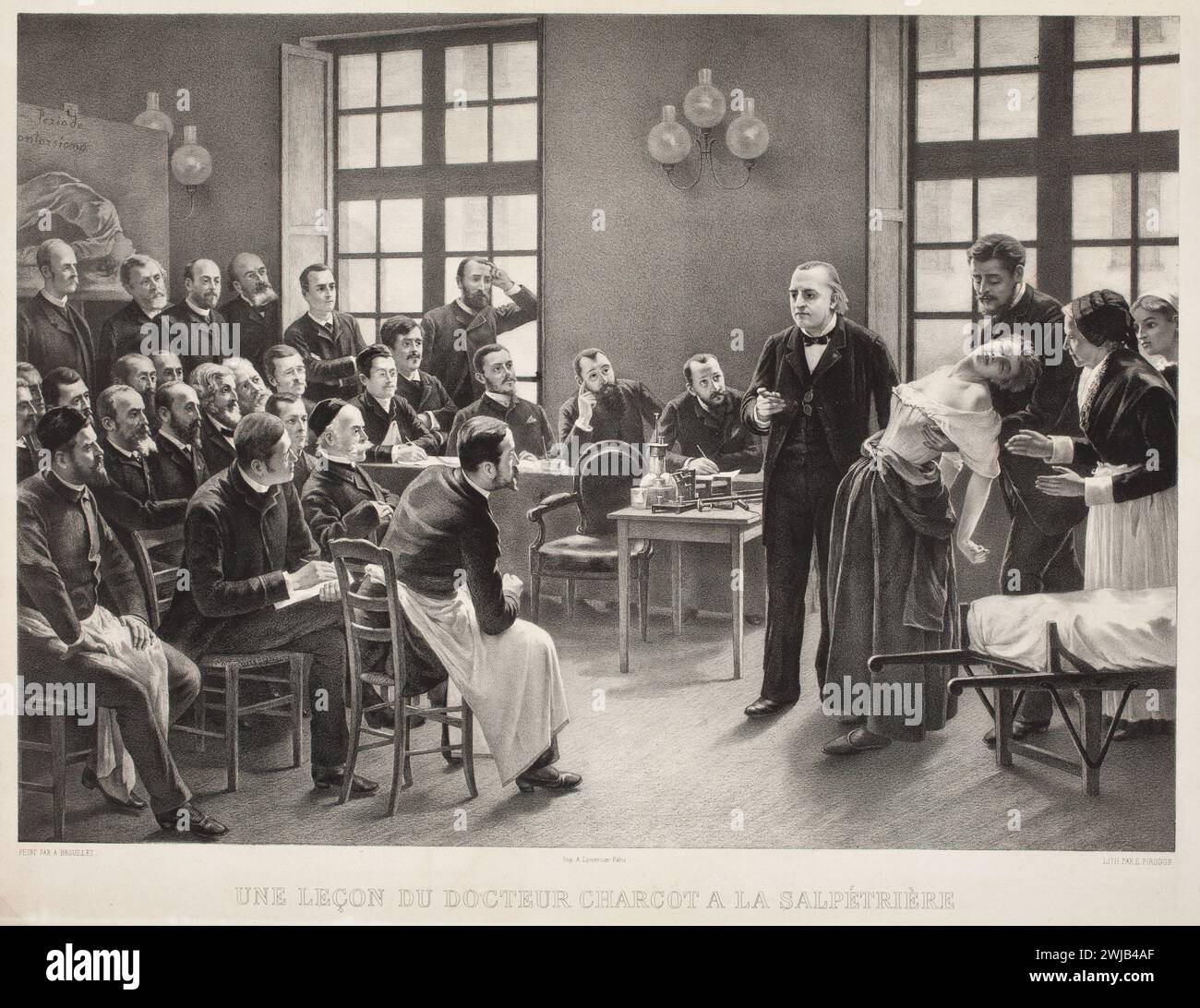 Une leçon du Docteur Charcot à la Salpétrière estampe de Feyen-Perrin, François-Nicolas-Augustinm 1864. Imprimer montrant le Dr Charcot donnant une leçon à une classe dans une salle de classe d'hôpital médical près de Paris, avec une patiente évanouie sous l'attention de la salle de médecins Banque D'Images