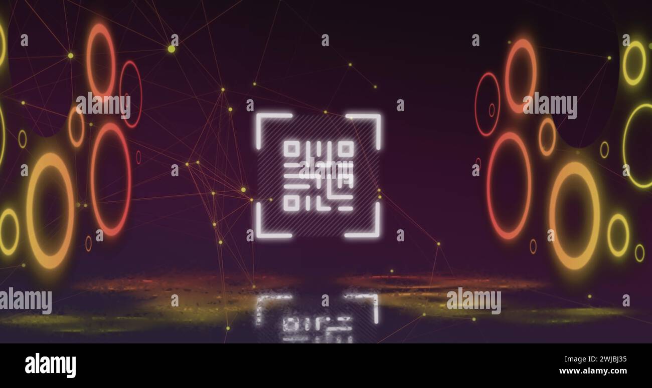 Image numérique du scanner de code qr contre le réseau de connexions sur fond violet Banque D'Images