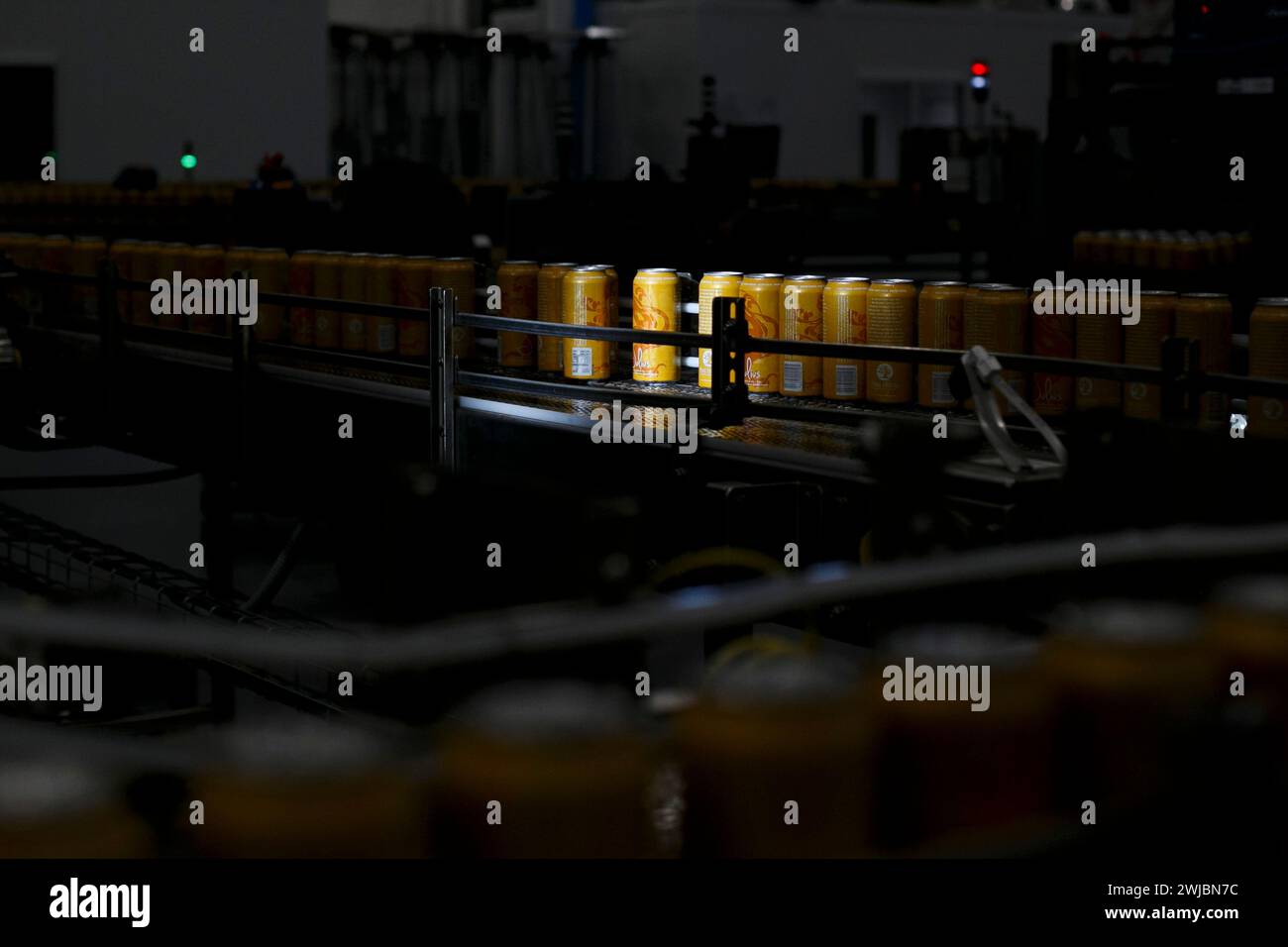 Boîtes de conserve de Tree House Brewing Company, New England IPA Julius, sur la ligne de conserverie de la brasserie de Charlton, Massachusetts, États-Unis. Banque D'Images Boîtes de conserve de Tree House Brewing Company, New England IPA Julius, sur la ligne de conserverie de la brasserie de Charlton, Massachusetts, États-Unis. Banque D'Images