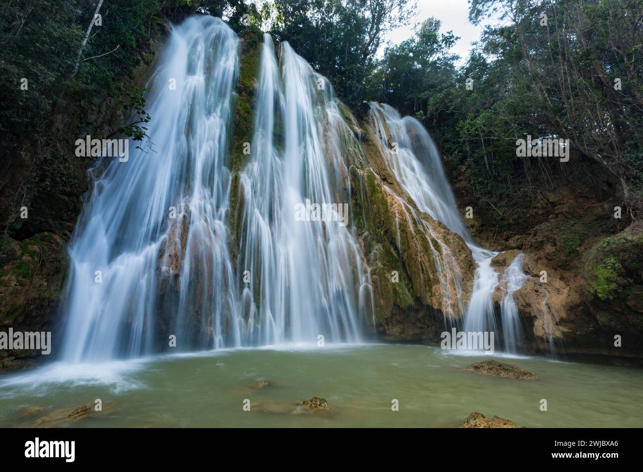 Les principales chutes de la cascade El Limon sur la rivière El Limon, près de Samana, République Dominicaine. Les chutes principales mesurent 52 pieds de haut. Banque D'Images