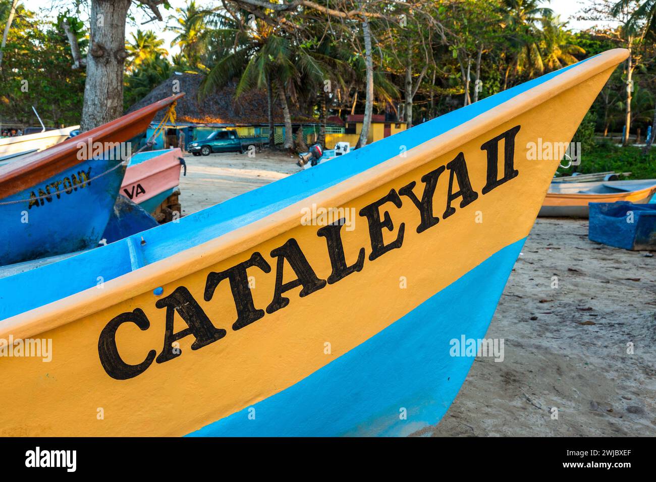 Bateaux de pêche sur la plage de Bahia de Las Galeras sur la péninsule de Samana, République Dominicaine. Banque D'Images