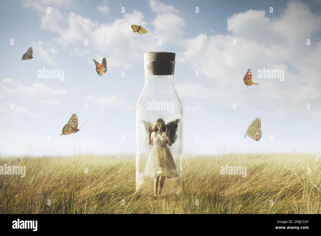la femme papillon surréaliste regardant la liberté enfermée dans une bouteille, concept abstrait Banque D'Images