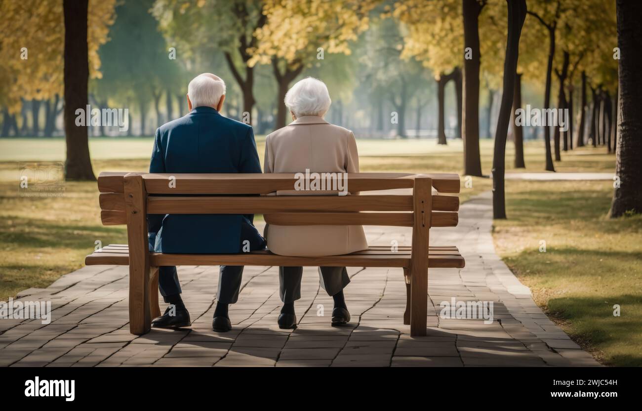 Vue arrière d'un couple âgé assis sur un banc en bois au parc. Concept de solitude, vieillesse Banque D'Images