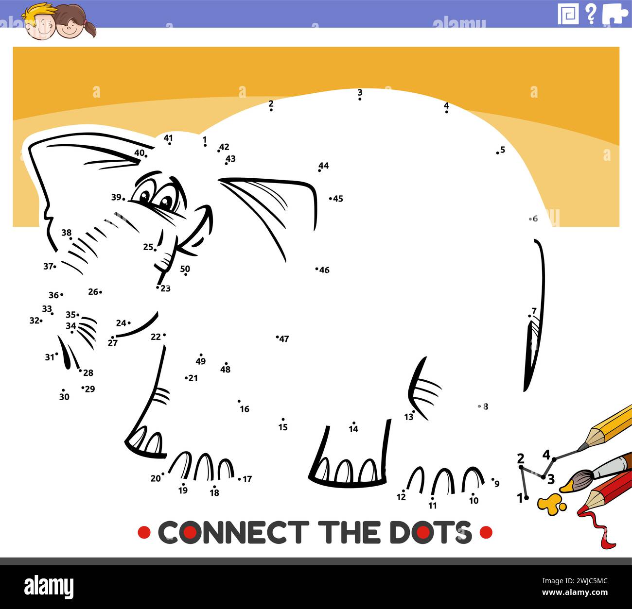 Illustration de bande dessinée de l'activité éducative connecter les points avec le caractère animal éléphant Illustration de Vecteur