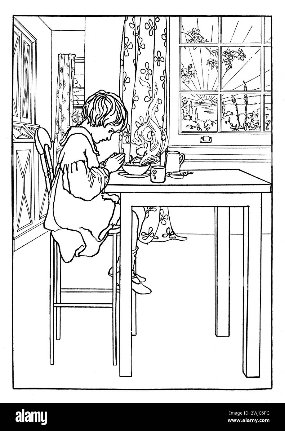 1901 enfant disant grâce à la table de petit déjeuner tournant du siècle, illustration de la ligne par Miss B Putnam Banque D'Images