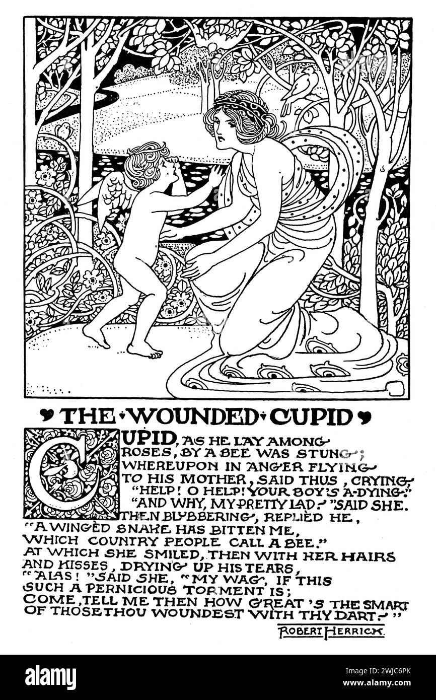 1901 le poème blessé Cupidon de Robert Herrick, illustration au trait par Ethel Larcombe d'Exeter Banque D'Images