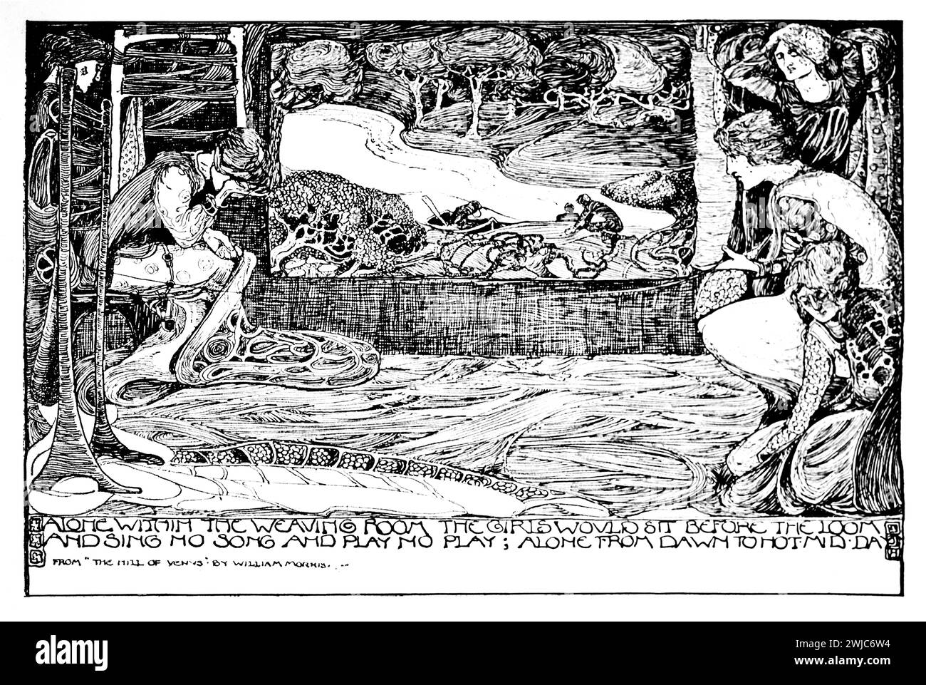 1901 le poème de la colline de Vénus, tiré du Paradis terrestre de William Morris, illustration au trait d'Olive Allen Banque D'Images