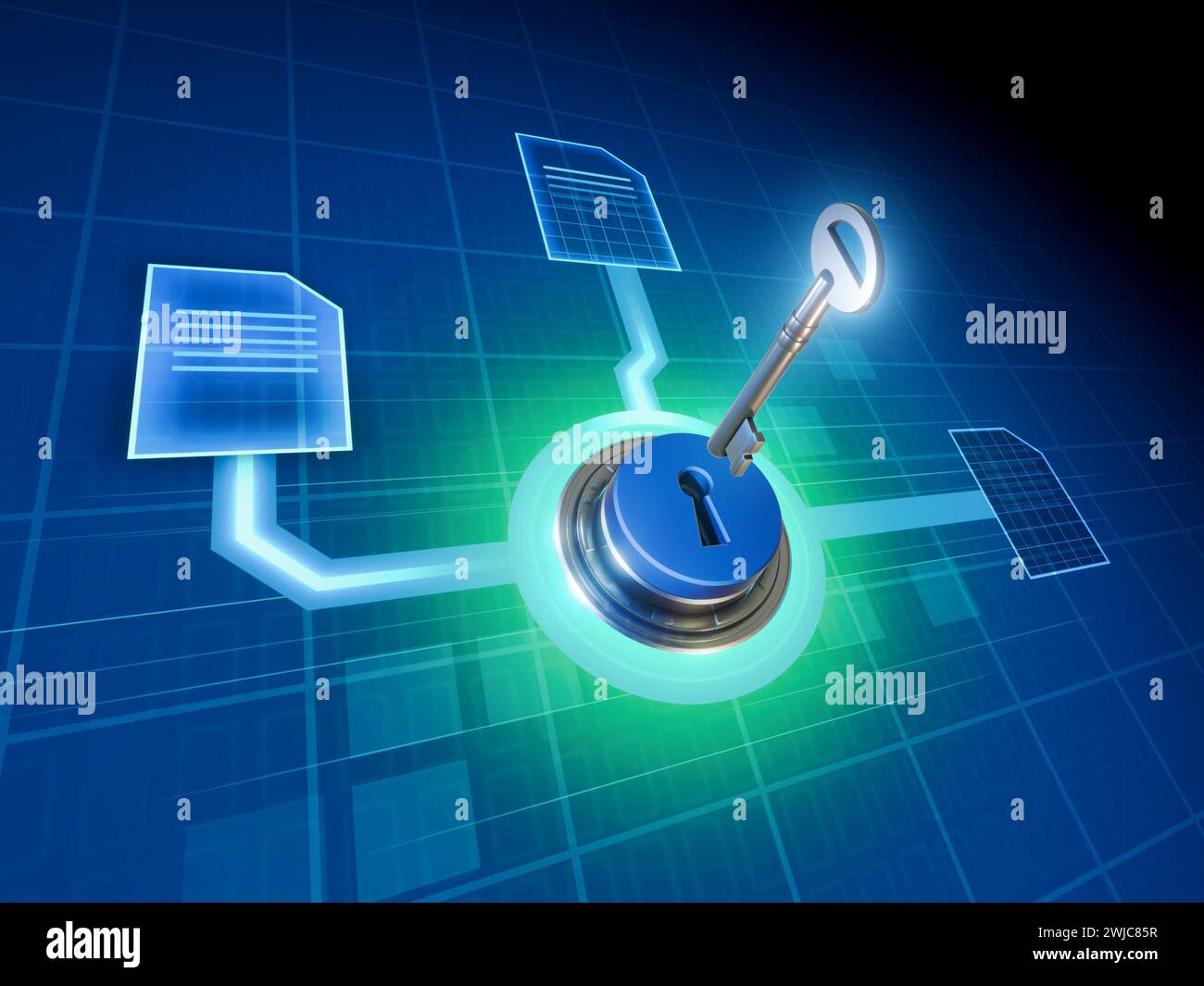 Clé numérique utilisée pour visualiser certains fichiers cryptés. Illustration numérique, rendu 3D. Banque D'Images