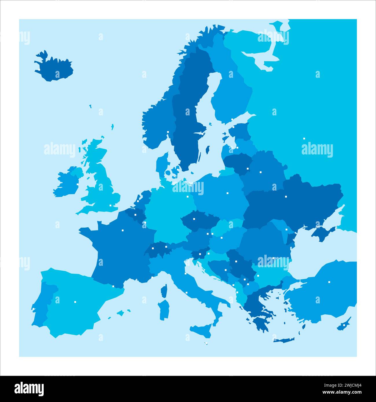 Carte politique de l'Europe. Carte vectorielle blanche de couleur bleue avec les capitales des pays européens. Illustration de Vecteur