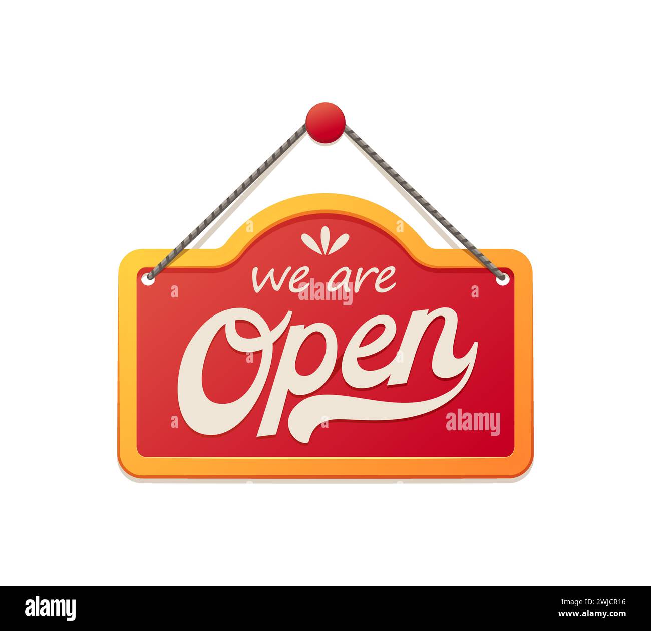 Panneau ouvert, panneau d'avis de magasin. Bannière ou affichage suspendu rouge vectoriel isolé avec des informations dégagées, il communique des messages, ou des publicités de manière visible et accessible Illustration de Vecteur