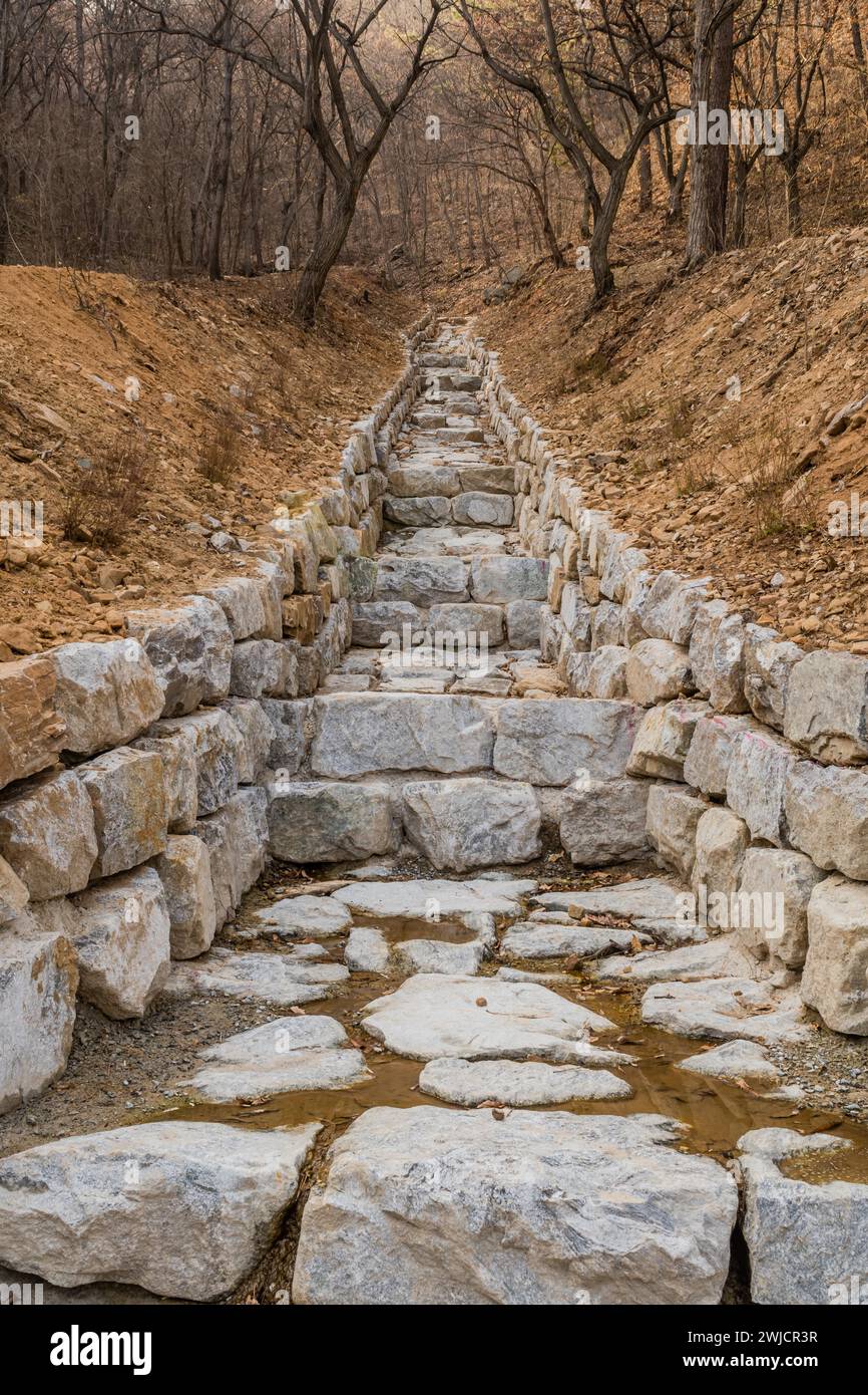 Fossé de drainage construit de gros rochers sur le flanc de la montagne au début de l'après-midi de printemps en Corée du Sud Banque D'Images