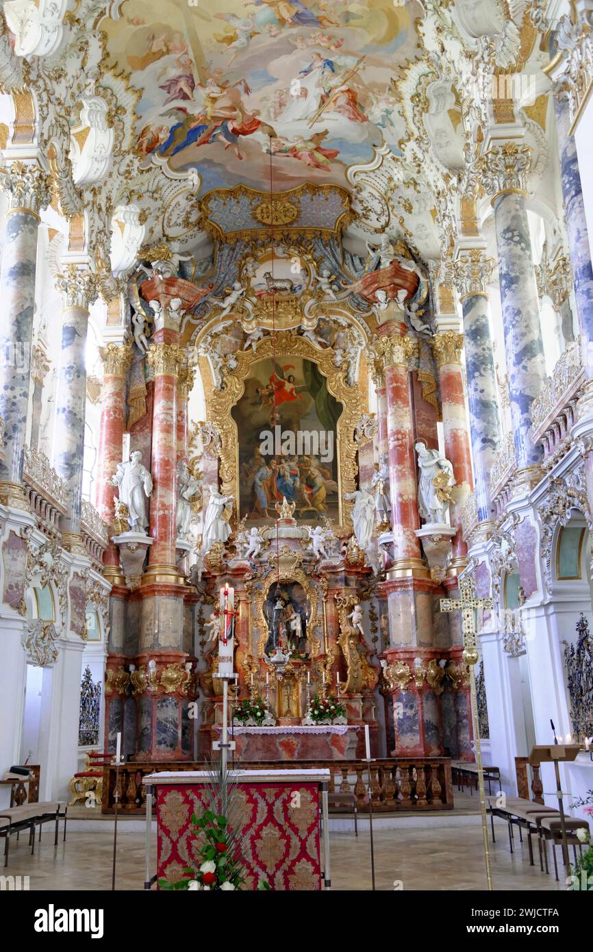 Maître-autel de la Wieskirche, Rococo, Wieskirche ou Église de pèlerinage du Sauveur Scourged sur les Wies, Rococo, 1745, 1754, Patrimoine mondial de l'UNESCO Banque D'Images