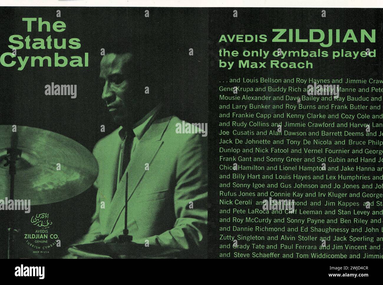 Une publicité d'un magazine de musique du début des années 1970 pour les fabricants de cymbales avis Zildjian mettant en vedette la légende du tambour jazz, Max Roach. Banque D'Images
