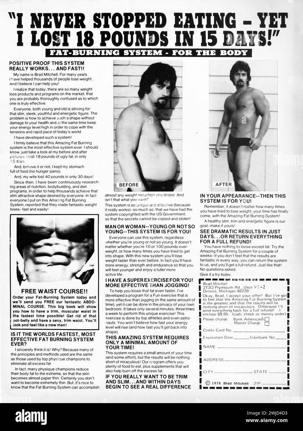 TROP BEAU POUR ÊTRE VRAI ? Une annonce d'un périodique de la fin des années 1970 suggérant l'achat d'un livre sur l'Amazing Fat Burning System qui vous transformera de gros ventre à musclé en 15 jours. Banque D'Images