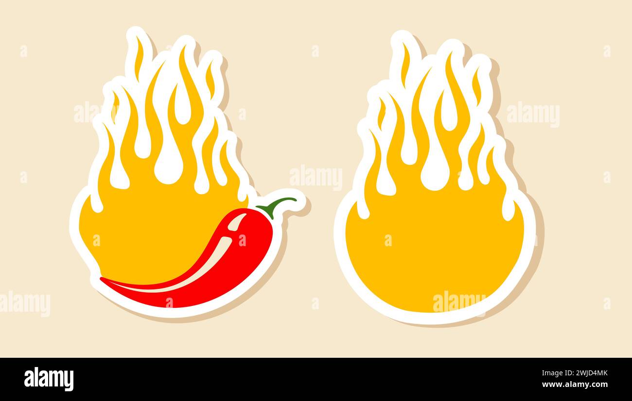 Autocollants vectoriels avec piment et feu pour offre spéciale. Vector Set bannières avec piment pour le prix chaud. Illustration de Vecteur