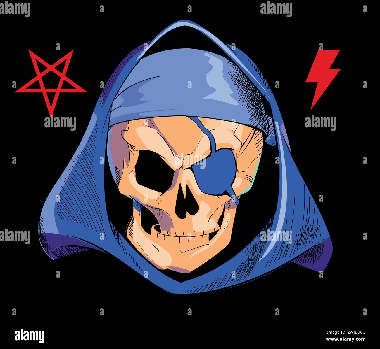 Design pour un t-shirt crâne pirate avec une capuche bleue avec des symboles de tonnerre et une étoile rouge à cinq branches sur un fond noir. Illustration de Vecteur