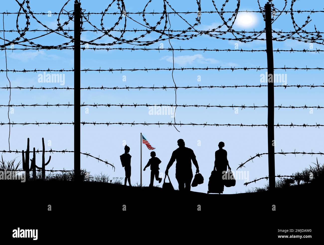 Un homme, une femme et deux enfants sont vus en silhouette après avoir franchi une clôture frontalière à la frontière sud des États-Unis. Ils sont passés par un frère Banque D'Images