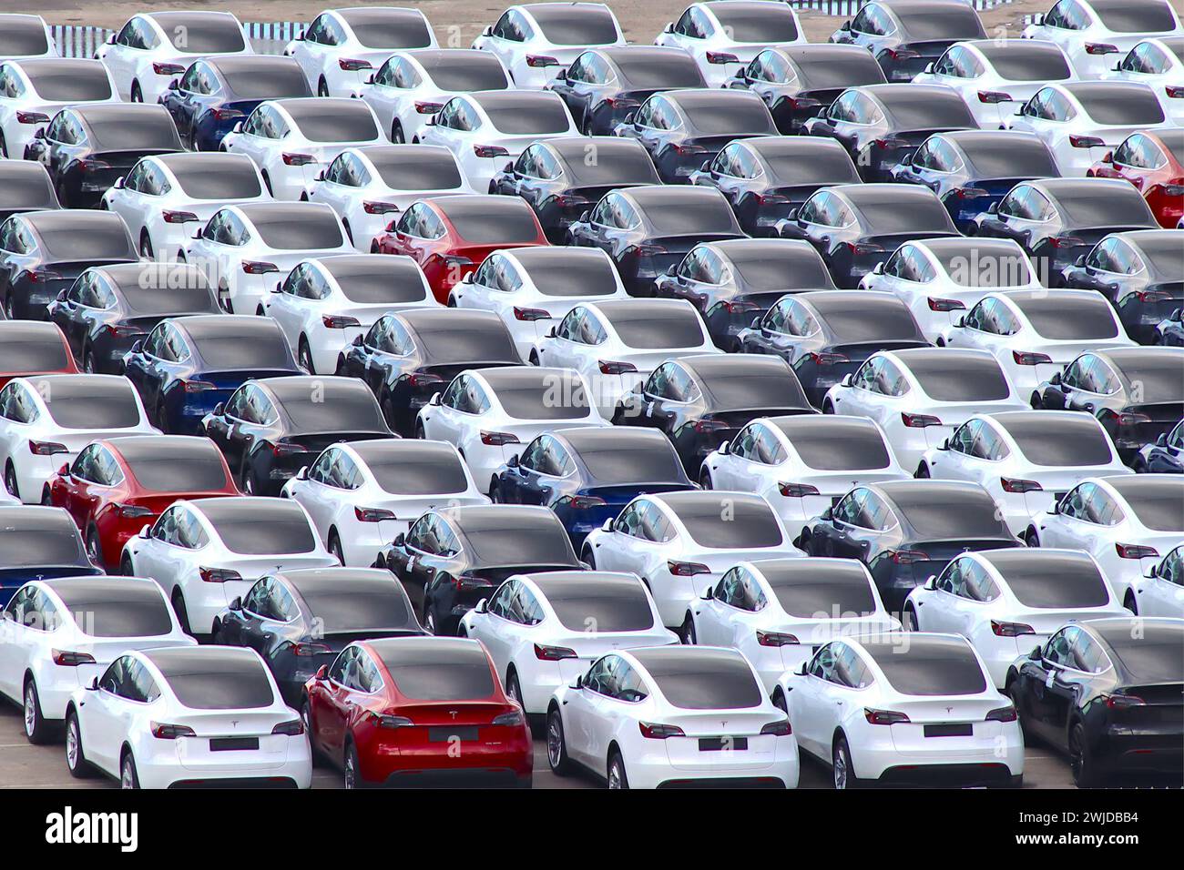 Envoi d'automobiles électriques Tesla stockées sur le quai britannique pour distribution et livraison aux magasins Tesla dans tout le Royaume-Uni, avril 2023. Banque D'Images