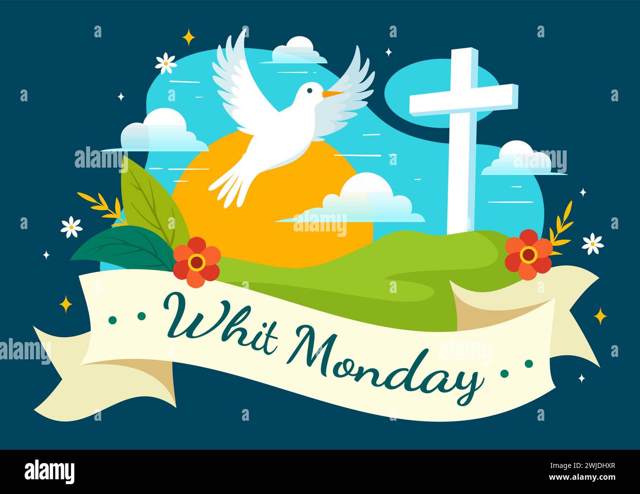 Whit Monday illustration vectorielle avec un pigeon ou une colombe pour les vacances de la communauté chrétienne du Saint-esprit dans la conception de fond de dessin animé plat Illustration de Vecteur