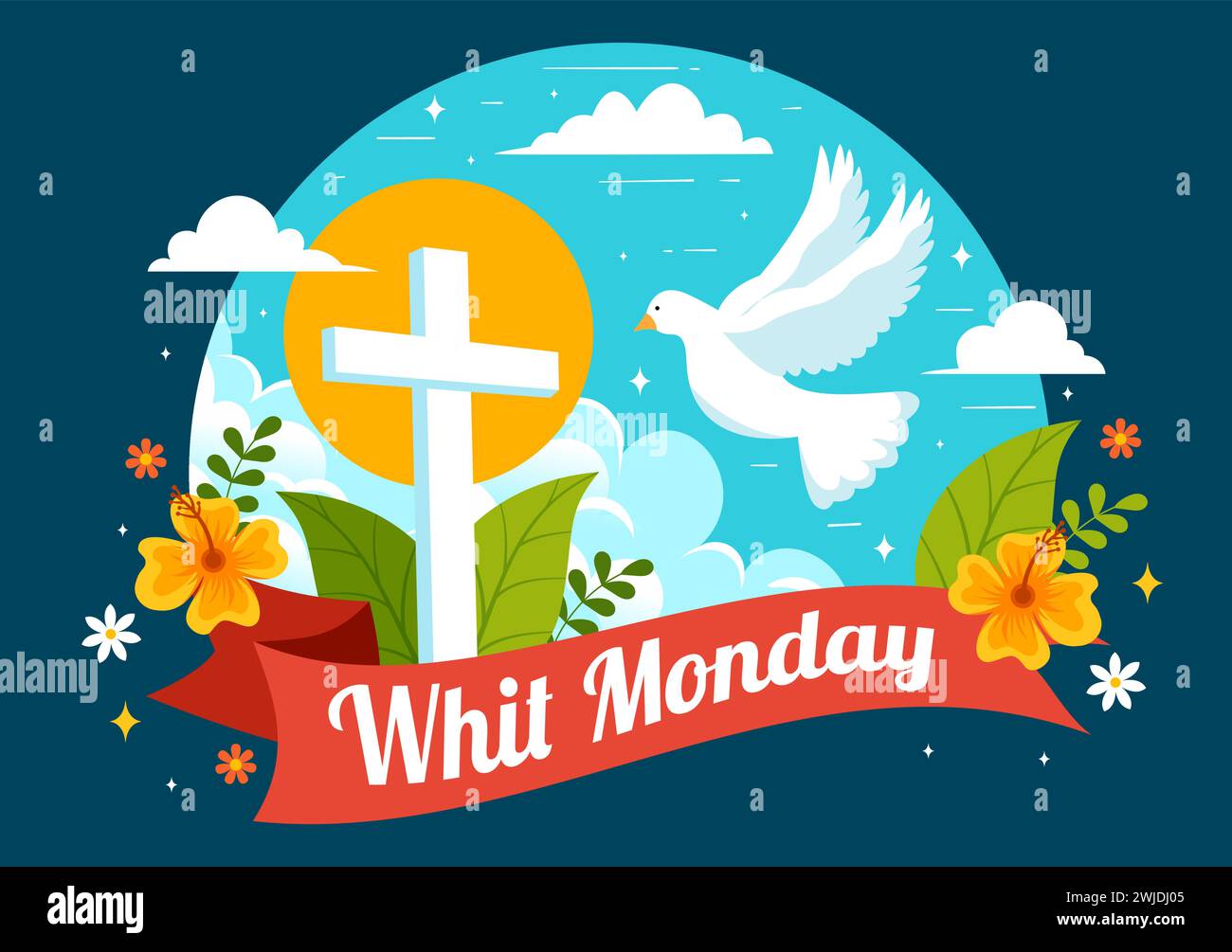 Whit Monday illustration vectorielle avec un pigeon ou une colombe pour les vacances de la communauté chrétienne du Saint-esprit dans la conception de fond de dessin animé plat Illustration de Vecteur
