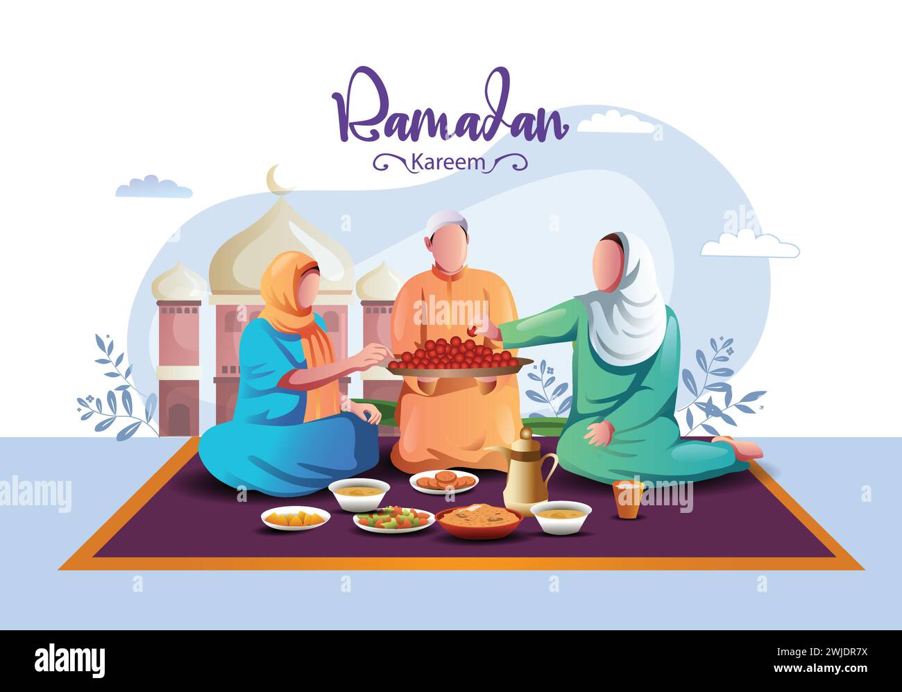 Ramadan Kareem salutations groupe de personnes de la famille mangeant avec fond arabe. conception d'illustration vectorielle abstraite Illustration de Vecteur