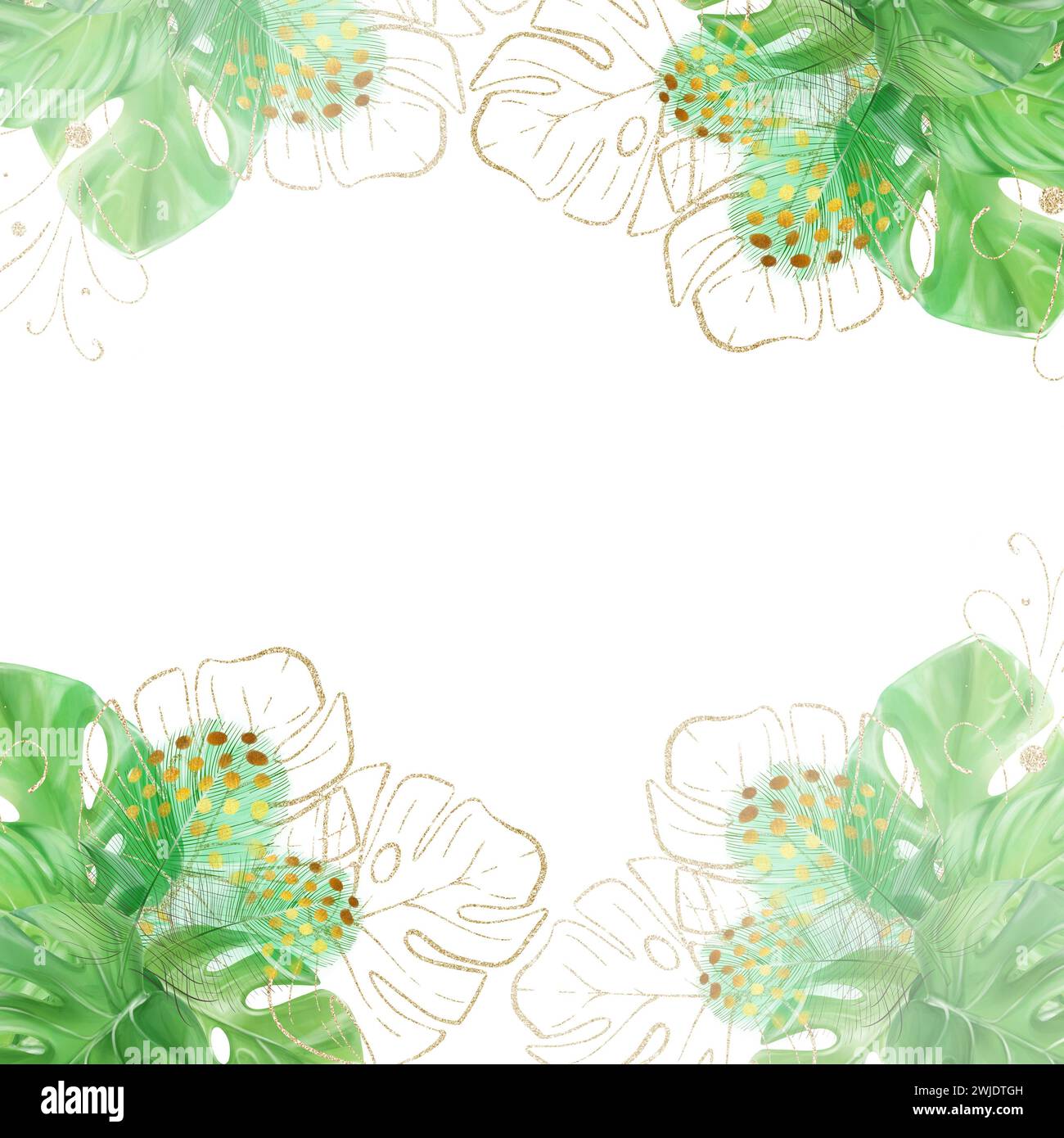 Cadre carré, bannière avec des feuilles tropicales monstera. Illustration aquarelle. Modèle pour la conception. Banque D'Images