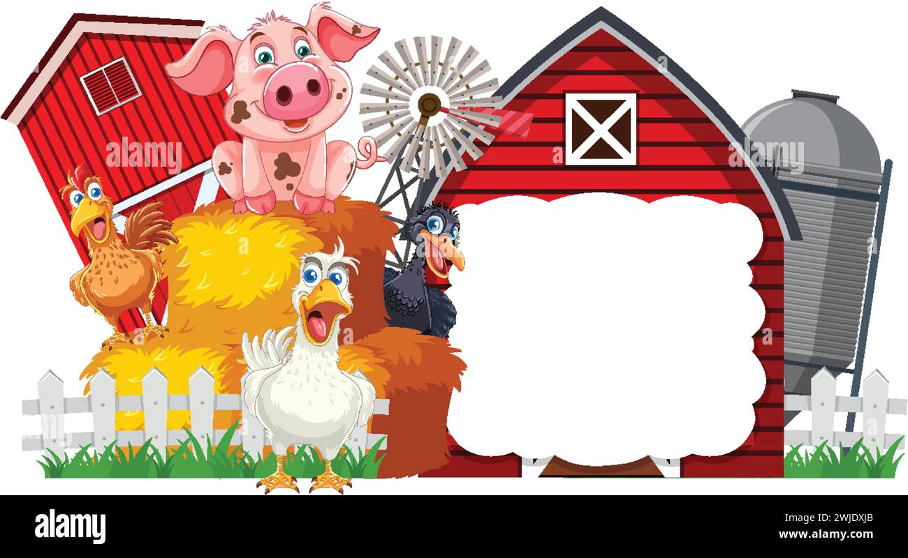 Animaux de ferme de dessins animés avec un panneau vierge. Illustration de Vecteur