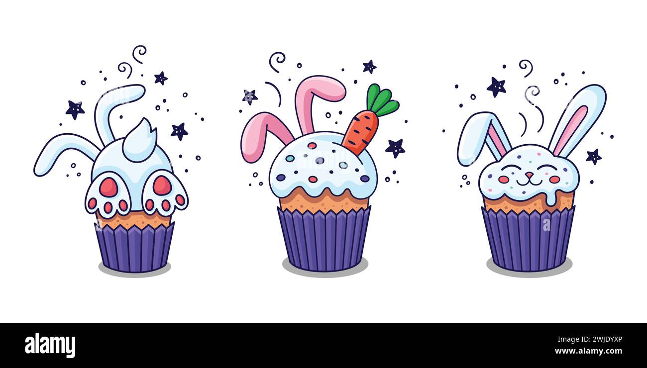 Ensemble de jolies illustrations de Pâques dessinées à la main avec gâteau de Pâques, oreilles de lapins, carotte, lapin, lièvre dans le style de bande dessinée. Éléments de conception de nourriture de Pâques. Illustration vectorielle. Griffonner. Illustration de Vecteur