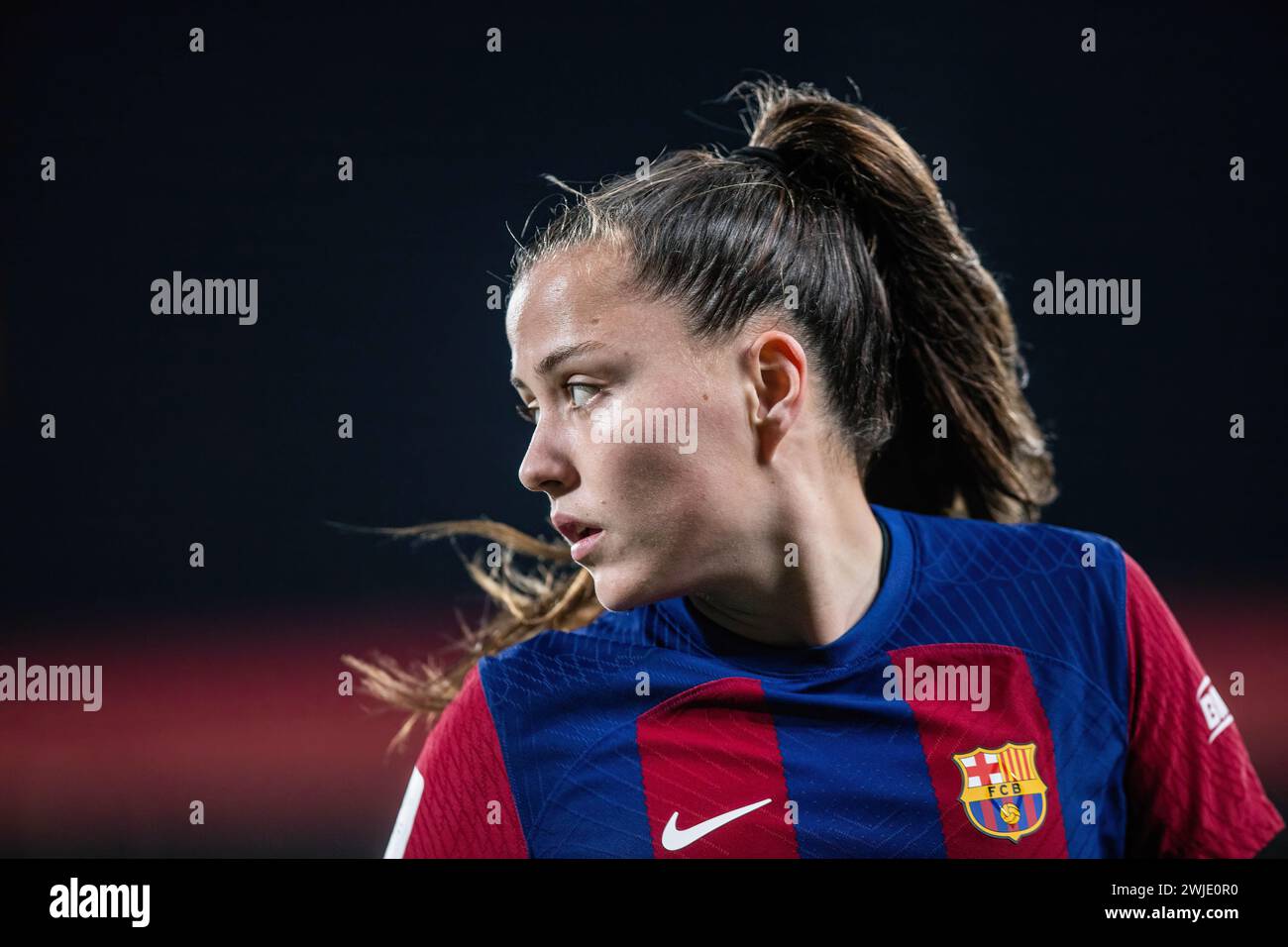 Amsterdam, pays-Bas. 14 février 2024. Claudia Pina du F.C Barcelone vue en action lors du match de la Liga F (première division féminine d'Espagne) 2023-24 entre le F.C Barcelone et Levante U.D au Johan Cruyff Stadium. Score final ; F.C Barcelona 1:1 Levante U.D crédit : SOPA images Limited/Alamy Live News Banque D'Images