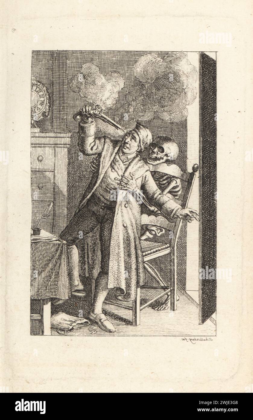 Le squelette de la mort aidant un homme avec un pistolet à silex à se suicider. homme du xviiie siècle dans une chambre avec commode et horloge, encrier et plume sur son bureau. Désespoir. Der Berzweiflungsvolle. Signature en écriture miroir. Gravure sur cuivre dessinée et gravée par Johann Rudolf Schellenberg de Freund Heins Erscheinungen de Johan Karl Musaus dans Holbeins Manier, (apparitions de la mort à la manière de Holbein), Heinrich Steiner, Winterthur, 1785. Banque D'Images