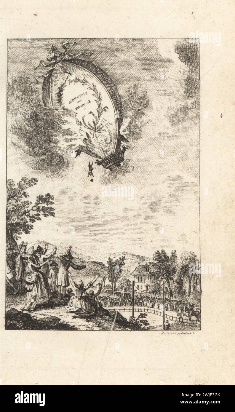 Mort d'un montgolfière dans un ballon de style montgolfière. La mort pousse le pilote d'un ballon explosant au-dessus d'une foule nombreuse, 18ème siècle. Le ballon. Der Aerostat. Signature en écriture miroir. Gravure sur cuivre dessinée et gravée par Johann Rudolf Schellenberg de Freund Heins Erscheinungen de Johan Karl Musaus dans Holbeins Manier, (apparitions de la mort à la manière de Holbein), Heinrich Steiner, Winterthur, 1785. Banque D'Images